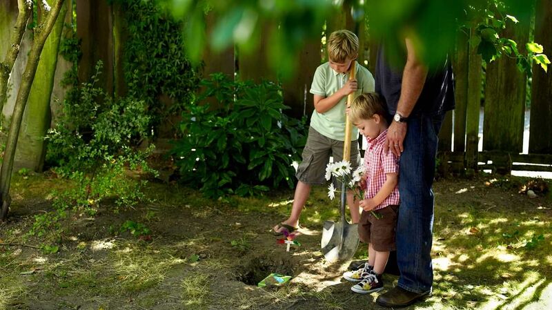 Zwei Kinder und ein Mann stehen im Wald vor einem Haustiergrab und trauern